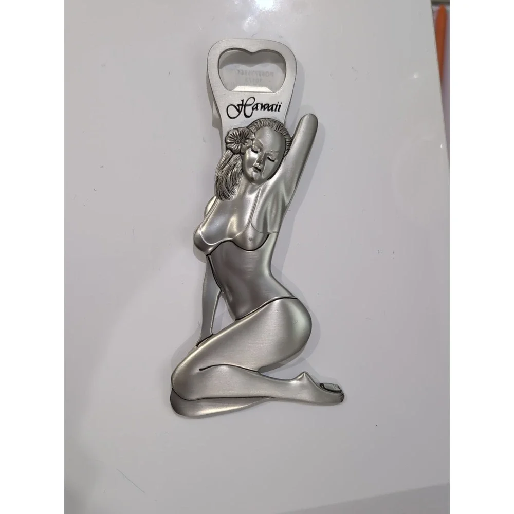 Hawaii Beer Bottle Opener WomanBikini‎ Tropical Flower Pewter Magnet 6